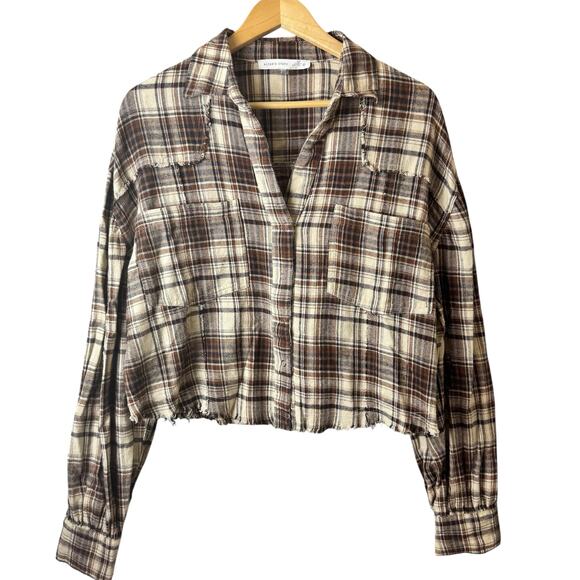 Altard State Flannel Shirt Womens Small Oversized Plaid Boho Western Raw Hem - Picture 1 of 12